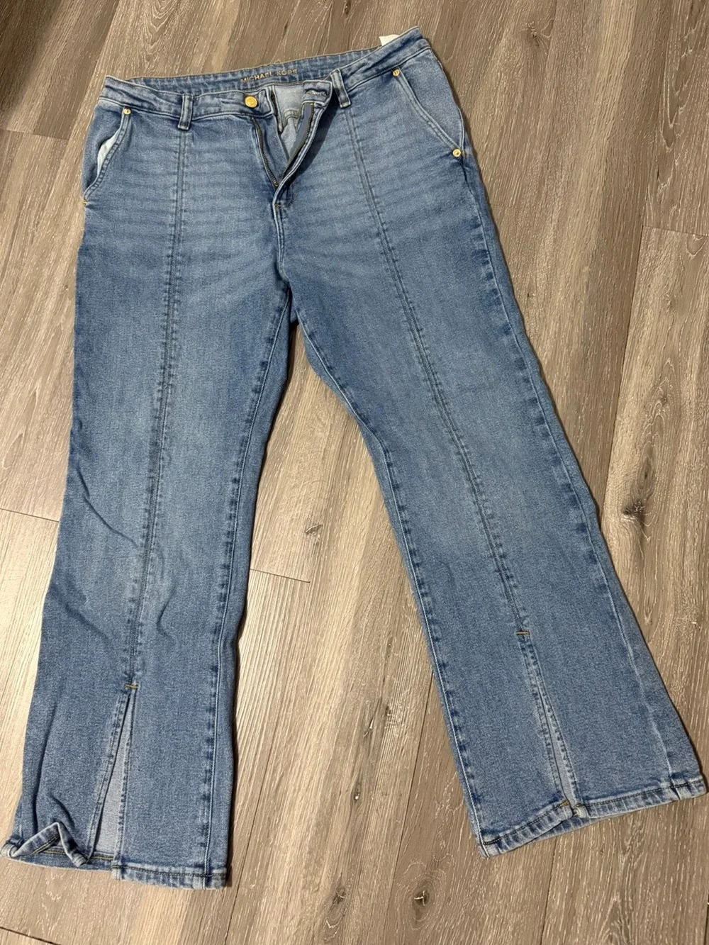 Michael Kors Mid Rise Blue Wide Straight Leg Jeans with Front Seams and Split 14